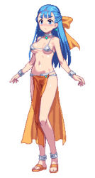 Rule 34 | 1girl, 774 (nanashi), anklet, bikini, bikini top only, blue eyes, blue hair, blush, bow, bracelet, braid, braided updo, breasts, choker, dancer&#039;s costume (dq), dragon quest, dragon quest heroes, dragon quest v, earrings, female focus, flora (dq5), full body, hair bow, jewelry, large breasts, loincloth, long hair, lowres, matching hair/eyes, pelvic curtain, pixel art, sandals, solo, swimsuit, white background