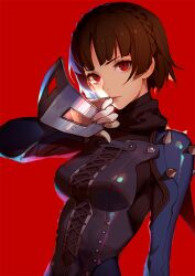 Rule 34 | 1girl, ask (askzy), black bodysuit, black scarf, bodysuit, braid, breasts, brown hair, center cross lace, commentary, crown braid, gloves, holding, holding mask, mask, medium breasts, niijima makoto, persona, persona 5, red background, red eyes, scarf, short hair, shoulder spikes, solo, spikes, unworn mask, upper body