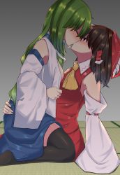Rule 34 | 2girls, absurdres, blue skirt, bow, breasts, brown hair, detached sleeves, closed eyes, french kiss, green hair, hakurei reimu, highres, japanese clothes, kiss, kochiya sanae, long hair, looking at another, medium breasts, miko, mokutan (link machine), multiple girls, nipples, red bow, red eyes, skirt, small breasts, thighhighs, touhou, yuri
