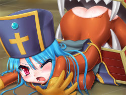 Rule 34 | ass, backless outfit, bent over, blue hair, blush, bodysuit, breasts, cannibox, chunsoft, covered erect nipples, cross, dragon quest, dragon quest iii, enix, game over, gloves, hat, imminent rape, mimic, monster, offering hand, priest (dq3), rape, red eyes, scared, skin tight, tears, thighs, torn clothes, trubka, vore, wince