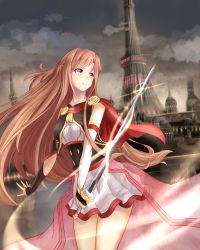 Rule 34 | 1girl, absurdres, asuna (sao), asymmetrical sleeves, bad id, bad pixiv id, bridal gauntlets, brown eyes, brown hair, cape, capelet, cloud, cloudy sky, cowboy shot, detached sleeves, floating hair, highres, holding, holding sword, holding weapon, long hair, miniskirt, outdoors, parted lips, pink cape, pleated skirt, rapier, red capelet, see-through, skirt, sky, solo, standing, sword, sword art online, tower, uneven sleeves, very long hair, waist cape, weapon, white skirt