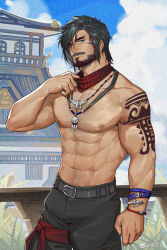 Rule 34 | 1boy, abs, bara, beard, black hair, blue sky, chinese commentary, commentary request, commission, facial hair, final fantasy, final fantasy xiv, highres, hy the highlander, large pectorals, male focus, mature male, muscular, muscular male, mustache, navel, nipples, pectorals, peterhl, second-party source, sky, solo, stomach, textless version, topless male, warrior of light (ff14)