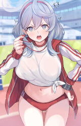 Rule 34 | 1girl, ako (blue archive), ako (track) (blue archive), anger vein, blue archive, blue eyes, blue hair, blurry, blurry background, blush, breasts, buruma, cowboy shot, gym shirt, gym uniform, hair between eyes, hairband, halo, highres, jacket, large breasts, long hair, long sleeves, looking at viewer, mi taro333, navel, official alternate costume, open clothes, open jacket, open mouth, red buruma, red hairband, shirt, solo, track jacket, whistle, whistle around neck, white shirt