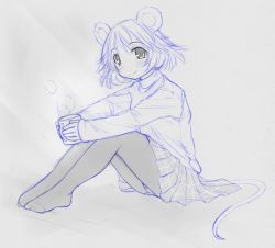 Rule 34 | 1girl, animal ears, blush, cup, feet, female focus, kasuga yukihito, legs together, monochrome, mouse ears, mouse tail, mug, nazrin, no shoes, panties, panties under pantyhose, pantyhose, pantyshot, plaid, plaid skirt, pleated skirt, short hair, sitting, sitting on lap, sitting on person, sketch, skirt, smile, solo, steam, sweater, tail, touhou, traditional media, turtleneck, underwear, upskirt