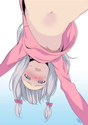 Rule 34 | 10s, 1girl, all fours, aqua eyes, blue background, blush, bow, breasts, d:, eromanga sensei, from below, gradient background, half-closed eyes, highres, izumi sagiri, long hair, long sleeves, looking at viewer, navel, nipples, no bra, nose blush, ojo (dfreak), one breast out, open mouth, pajamas, pink bow, pink shirt, pov, shirt, signature, silver hair, small breasts, solo, stomach, sweat, upshirt