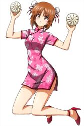 Rule 34 | 1girl, alternate hairstyle, baozi, blush, brown eyes, brown hair, bun cover, china dress, chinese clothes, closed mouth, commentary, double bun, dress, floating, floral print, food, girls und panzer, hair bun, high collar, high heels, highres, holding, holding food, legs up, light frown, looking at viewer, nishizumi miho, omachi (slabco), pink dress, print dress, red footwear, short dress, short hair, short sleeves, side slit, simple background, solo, white background