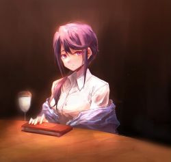 Rule 34 | 1girl, book, chinese commentary, closed mouth, collared shirt, commentary request, cup, dress shirt, drinking glass, expressionless, highres, hoshimi junna, indoors, light particles, long hair, looking at viewer, mulangfang, pink eyes, purple hair, shawl, shirt, shoujo kageki revue starlight, solo, upper body, white shirt, wine glass