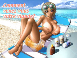 Rule 34 | 1girl, barefoot, beach, beer can, bikini tan, breast hold, breasts, can, chair, cloud, covering breasts, covering privates, day, drink can, earrings, eyewear on head, french text, huge breasts, jewelry, looking at viewer, lotion, lounge chair, mars symbol, narukami kaname (flag quarters), nipples, non-web source, ocean, original, purple eyes, ranguage, short hair, silver hair, smile, soda can, solo, sunglasses, sunscreen, tan, tanline, topfreedom, topless, translated, venus symbol