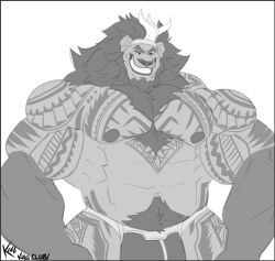 Rule 34 | 1boy, animal ears, bara, beard, black hair, bulge, chest tattoo, chest tuft, cowboy shot, dark-skinned male, dark skin, full beard, furrification, furry, furry male, greyscale, happy, highres, huge pectorals, kihu (kihublue), large areolae, large bulge, lion boy, lion ears, male focus, mature male, mauga (overwatch), monochrome, muscular, muscular male, navel, overwatch, overwatch 2, smile, solo, strongman waist, tattoo, thick arms, thick eyebrows, thick navel hair, topless male