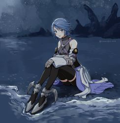 Rule 34 | 1girl, aqua (kingdom hearts), bad id, bad pixiv id, bare shoulders, beach, black thighhighs, blue eyes, blue hair, closed mouth, crossed arms, detached sleeves, fingerless gloves, gloves, grey gloves, isakawa megumi, kingdom hearts, kingdom hearts 358/2 days, knees together feet apart, long sleeves, looking at viewer, short hair, sitting, sky, solo, star (sky), starry sky, thighhighs, turtleneck, twitter username, water, zettai ryouiki
