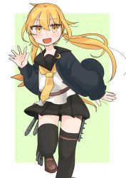 Rule 34 | 1girl, absurdres, armband, badge, black serafuku, black skirt, black thighhighs, blonde hair, blue jacket, blush, brown footwear, button badge, crescent, crescent pin, highres, jacket, kantai collection, kosame (iso), long hair, long sleeves, looking at viewer, neckerchief, open mouth, satsuki (kancolle), satsuki kai ni (kancolle), school uniform, serafuku, simple background, skirt, smile, solo, thighhighs, twintails, waving, yellow eyes, yellow neckerchief
