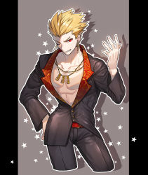 Rule 34 | 1boy, alternate costume, bad id, bad pixiv id, belt, black pants, black shirt, blonde hair, cowboy shot, cropped legs, earrings, fate/stay night, fate (series), gilgamesh (fate), grey background, grin, hand on own hip, highres, jewelry, looking at viewer, male focus, necklace, none (kameko227), one eye closed, pants, pillarboxed, red eyes, shirt, smile, solo, star (symbol)