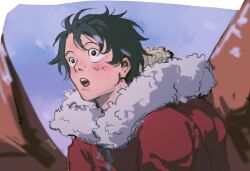 Rule 34 | 1boy, black hair, close-up, coat, commentary, english commentary, fur hoodie, highres, hood, hooded coat, looking up, m0kaccinoh, male focus, monkey d. luffy, one piece, open mouth, red coat, scar, scar on face, short hair, solo