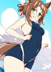 Rule 34 | 1girl, alternate costume, bare shoulders, blue one-piece swimsuit, blue sky, breasts, brown hair, clenched hands, cloud, cloudy sky, commentary request, competition swimsuit, cowboy shot, fine motion (umamusume), green eyes, hair between eyes, highres, medium breasts, multicolored hair, one-piece swimsuit, outdoors, sky, solo, streaked hair, swimsuit, tongue, tongue out, umamusume, wahiko (black bastard), white hair