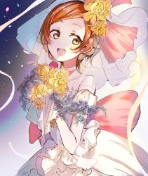 Rule 34 | 1girl, blush, bouquet, choker, commentary request, dress, earrings, flower, hair flower, hair ornament, highres, holding, holding bouquet, hoshizora rin, jewelry, looking at viewer, love live!, love live! school idol project, love wing bell, naarann, open mouth, orange eyes, short hair, smile, solo, teeth, upper teeth only, veil, white choker, white dress, yellow eyes