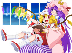 Rule 34 | 2girls, arm rest, arm up, ascot, blonde hair, bloomers, book, chin rest, clenched hand, commentary request, crescent, crescent hair ornament, crystal, double bun, dress, eichi yuu, fangs, flandre scarlet, full moon, hair bun, hair ornament, hair ribbon, hat, head on head, head rest, head tilt, holding, holding book, leg lift, light particles, long hair, long sleeves, looking away, mary janes, mob cap, moon, multiple girls, night, open book, open mouth, patchouli knowledge, pink robe, purple eyes, purple hair, red eyes, red footwear, red skirt, red vest, ribbon, robe, shoe soles, shoes, short hair, side ponytail, sidelocks, sitting, sitting on lap, sitting on person, skirt, socks, striped clothes, striped dress, teeth, touhou, tress ribbon, underwear, upper teeth only, very long hair, vest, white socks, wings, yellow ascot