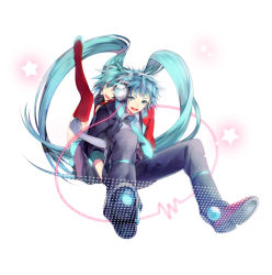 Rule 34 | 1boy, 1girl, aqua eyes, aqua hair, back-to-back, elbow gloves, genderswap, genderswap (ftm), gloves, hakusai (tiahszld), hatsune miku, hatsune mikuo, headphones, highres, locked arms, long hair, open mouth, red thighhighs, thighhighs, twintails, very long hair, vocaloid