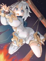Rule 34 | 1girl, bad id, bad pixiv id, black eyes, bound, bound legs, bound wrists, fire, genshin impact, hair ornament, highres, hufy, long sleeves, looking at viewer, open mouth, paimon (genshin impact), peril, short hair, silver hair, single thighhigh, solo, tears, thighhighs, white thighhighs