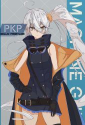 Rule 34 | 1girl, absurdres, ahoge, bad id, bad pixiv id, belt, black belt, black gloves, black jacket, character name, closed mouth, clothes pull, copyright name, eyewear in mouth, feet out of frame, girls&#039; frontline, gloves, hand on own hip, highres, jacket, jacket pull, knife sheath, long hair, looking at viewer, mouth hold, open clothes, open jacket, pkp (girls&#039; frontline), ponytail, sarasa dry, sheath, simple background, solo, standing, white hair, yellow eyes