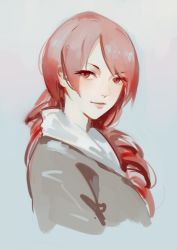 Rule 34 | 1girl, 3four, closed mouth, commentary, kirijou mitsuru, long hair, looking at viewer, persona, persona 3, red eyes, red hair, simple background, sketch, smile, solo