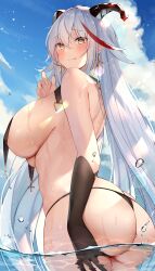 Rule 34 | 1girl, :q, absurdres, aegir (azur lane), ass, ass grab, azur lane, bikini, black bikini, blush, breast curtains, breasts, cloud, commentary request, covered erect nipples, cross, cross earrings, earrings, grabbing own ass, highres, horns, huge ass, huge breasts, jewelry, long hair, looking at viewer, multicolored hair, outdoors, panties, partially underwater shot, red hair, sagging breasts, sky, solo, streaked hair, string panties, swimsuit, thong, thong bikini, tongue, tongue out, u ronnta, underwear, very long hair, wading, water, white hair, yellow eyes