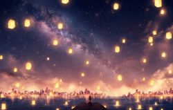Rule 34 | 1girl, absurdres, arm support, brown hair, building, chinese commentary, city lights, commentary request, czy (2894456992), from behind, highres, horizon, lake, lantern, lantern on liquid, long hair, long sleeves, milky way, night, night sky, original, outdoors, pier, reflection, scenery, shirt, sitting, skirt, sky, sky lantern, skyline, skyscraper, solo, star (sky), starry sky, very wide shot, water, water surface