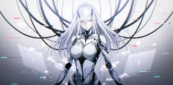 Rule 34 | 1girl, absurdres, android, bodysuit, braid, breasts, cable, closed eyes, code:qualia, commentary request, grey hair, hair between eyes, highres, large breasts, long hair, lucia (code:qualia), solo, yoaferia