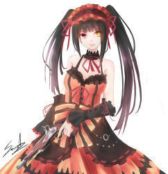 Rule 34 | 10s, 1girl, absurdres, bare shoulders, black hair, breasts, chain, choker, cleavage, clock eyes, date a live, detached sleeves, dress, gothic lolita, gun, hairband, heterochromia, highres, large breasts, lolita fashion, lolita hairband, long hair, over-maple, red eyes, red ribbon, ribbon, shigure s, smile, solo, symbol-shaped pupils, tokisaki kurumi, twintails, weapon, white background, yellow eyes