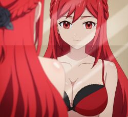 Rule 34 | 1girl, amelia rose, ass, bra, breasts, cleavage, dressing room, highres, hyouken no majutsushi ga sekai wo suberu, large breasts, long hair, medium breasts, mirror, red eyes, red hair, reflection, solo, stitched, third-party edit, underwear