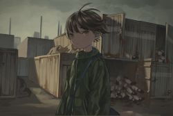 Rule 34 | 6+girls, bag, black hair, blood, brown eyes, corpse, death, expressionless, green jacket, jacket, multiple girls, original, outdoors, overcast, shipping container, shoes, short hair, shoulder bag, sky, tensen (dotted line)