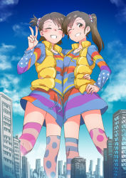 Rule 34 | 2girls, arm around waist, asymmetrical legwear, brown eyes, brown hair, building, city, closed eyes, cloud, day, futami ami, futami mami, giant, giantess, grin, hair bobbles, hair ornament, hair scrunchie, highres, idolmaster, idolmaster (classic), looking at viewer, mismatched legwear, momo no suidou-sui, multicolored clothes, multicolored legwear, multicolored stripes, multiple girls, one eye closed, polka dot, polka dot legwear, print shirt, scrunchie, shirt, siblings, side ponytail, sisters, size difference, skirt, sky, smile, star (symbol), star print, striped clothes, striped legwear, striped shirt, striped thighhighs, thighhighs, twins, v, vest