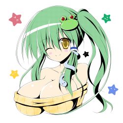 Rule 34 | 1girl, alternate hairstyle, bare shoulders, breasts, frog hair ornament, green hair, hair ornament, hair tubes, kochiya sanae, large breasts, long hair, looking at viewer, one eye closed, osashin (osada), ribbed sweater, side ponytail, smile, snake hair ornament, solo, star (symbol), sweater, touhou, transparent background, upper body, wink, yellow eyes
