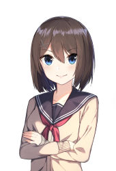 Rule 34 | 10s, 1girl, alternate costume, blue eyes, brown hair, cardigan, crossed arms, ginon (sjyh3466), hair ornament, hairclip, highres, kantai collection, maya (kancolle), school uniform, serafuku, short hair, simple background, smile, solo, white background