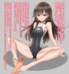 Rule 34 | 1boy, 1girl, admiral (kancolle), arashio (kancolle), arashio kai ni (kancolle), bdsm, black one-piece swimsuit, breasts, brown hair, censored, commission, competition swimsuit, covered navel, feet, femdom, footjob, hagakure kurage, hetero, highres, indian style, kantai collection, legs, long hair, navel, no shoes, one-piece swimsuit, orange hair, penis, profanity, sadism, silver one-piece swimsuit, simple background, sitting, skeb commission, small breasts, smile, soles, swimsuit, teeth, toes, translation request, two-tone swimsuit