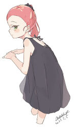 Rule 34 | 1girl, black dress, blush, cropped legs, dated, dress, female focus, from side, green eyes, hair ornament, hair scrunchie, looking at viewer, maze (gochama ze gohan), original, profile, scrunchie, side ponytail, sideways glance, signature, simple background, solo, white background