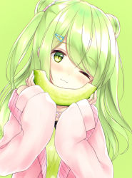 Rule 34 | 1girl, ;), bare shoulders, blush, camisole, closed mouth, double bun, food, food request, fruit, green background, green camisole, green eyes, green hair, hair bun, hair ornament, hairclip, hands up, head tilt, highres, holding, holding food, jacket, long hair, looking at viewer, melon, morinaka kazaki, nijisanji, off shoulder, one eye closed, open clothes, open jacket, pink jacket, rupe paperu, simple background, smile, solo, upper body, virtual youtuber