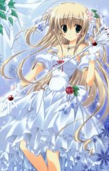 Rule 34 | 1girl, bare shoulders, breasts, cleavage, copyright request, detached sleeves, dress, earrings, female focus, flower, gloves, green eyes, hair flower, hair ornament, hair ribbon, highres, jewelry, korie riko, long hair, necklace, ribbon, scepter, solo, staff, tagme, twintails, very long hair, white dress