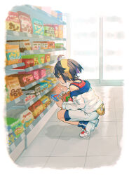 Rule 34 | 1boy, black hair, border, closed mouth, convenience store, creatures (company), food, from side, game freak, hair between eyes, highres, holding, holding food, indoors, jacket, kieran (pokemon), long sleeves, male focus, meno oku, mole, mole on neck, nintendo, off shoulder, pokemon, pokemon sv, profile, purple hair, red tank top, shoes, shop, shorts, snack, socks, solo, squatting, tank top, white border, white footwear, white jacket, white shorts