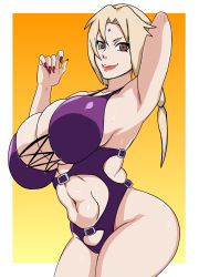 Rule 34 | 1girl, arm up, armpits, bare shoulders, blonde hair, breasts, brown eyes, cleavage, closed mouth, cowboy shot, curvy, facial mark, female focus, forehead mark, gradient background, groin, hand up, happy, highres, huge breasts, legs, long hair, looking at viewer, nail polish, naruho, naruto, naruto (series), navel, one-piece swimsuit, purple one-piece swimsuit, red nails, revealing clothes, simple background, smile, solo, standing, sweat, swimsuit, thick thighs, thighs, tsunade (naruto), twintails
