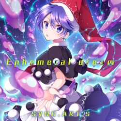 Rule 34 | 1girl, album cover, angry, attack, black capelet, blob, capelet, circle name, collar, cover, dark background, doremy sweet, dress, electricity, english text, game cg, glowing, hat, nightcap, official art, open mouth, pom pom (clothes), purple eyes, purple hair, reaching, red hat, sakura tsubame, short hair, solo, sparkle background, sync.art&#039;s, touhou, touhou cannonball, very short hair, white collar, white dress