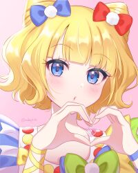Rule 34 | 1girl, blonde hair, blue bow, blue eyes, blunt bangs, bow, commentary request, cone hair bun, double bun, green bow, hair bow, hair bun, hands up, heart, heart hands, highres, looking at viewer, mendamen, minami mirei, open mouth, pink background, pretty series, pripara, red bow, short hair, simple background, solo, twitter username, upper body