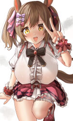 Rule 34 | 1girl, absurdres, alternate breast size, animal ears, blush, bow, breasts, brown hair, center frills, commentary request, frilled shirt, frills, hair bow, highres, horse ears, horse girl, horse tail, large breasts, looking at viewer, medium hair, open mouth, pink bow, pink footwear, pink skirt, plaid, plaid skirt, po musubi, purple bow, scrunchie, shirt, shoes, skirt, smart falcon (umamusume), smile, sneakers, solo, sweat, tail, twintails, umamusume, v, wrist scrunchie, yellow eyes