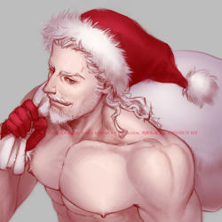 Rule 34 | 1boy, abs, bara, beard, christmas, facial hair, from above, gloves, goatee, hat, highres, holding, holding sack, i reibun, large pectorals, long hair, male focus, mature male, muscular, muscular male, mustache, nipples, nude, old, old man, original, pectorals, red gloves, sack, santa hat, smile, solo, white hair