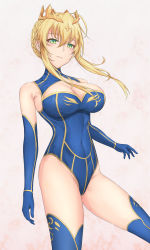 Rule 34 | 1girl, absurdres, artoria pendragon (fate), artoria pendragon (lancer) (fate), bare shoulders, blonde hair, blue gloves, blue leotard, blue thighhighs, braid, breasts, cleavage, commentary, commentary request, elbow gloves, fate/grand order, fate (series), french braid, gloves, green eyes, hair ornament, heattech leotard, highres, leotard, reinaz, simple background, thighhighs, turtleneck