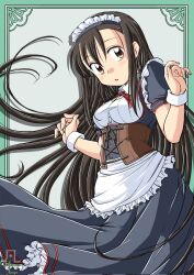 Rule 34 | 1girl, apron, aqua border, asymmetrical bangs, black hair, blouse, bonsichi, border, bow, bowtie, breasts, corset, dress, frills, highres, light blush, long hair, looking at viewer, maid, maid headdress, original, outside border, parted lips, puffy short sleeves, puffy sleeves, red bow, red bowtie, shirt, short sleeves, solo, very long hair, wrist cuffs