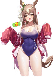 Rule 34 | 1girl, :d, absurdres, animal ears, bare shoulders, blue one-piece swimsuit, blush, bow, breasts, brown hair, collarbone, covered navel, cowboy shot, cropped legs, ear ribbon, feipin zhanshi, hands up, heart, highres, horse ears, horse girl, horse tail, jacket, large breasts, long hair, looking at viewer, one-piece swimsuit, open clothes, open jacket, open mouth, red jacket, satono diamond (umamusume), simple background, sleeves past fingers, sleeves past wrists, smile, solo, spoken expression, standing, swimsuit, tail, umamusume, very long hair, wet, white background, yellow eyes
