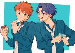 Rule 34 | 2boys, blue background, blue eyes, blue hair, blue shirt, blush, bow, candy, candy jar, eating, emiya shirou, fate/stay night, fate (series), food, holding, holding candy, holding food, holding paper, long sleeves, looking at another, male focus, matou shinji, multiple boys, necktie, open mouth, paper, red hair, shirt, simple background, smile, tatsuta age, teeth, wavy hair, white neckwear
