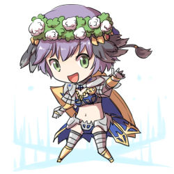 Rule 34 | 1girl, armor, armored boots, bikini armor, black thighhighs, boots, chainmail, chibi, commentary request, feather hair ornament, feathers, full body, gauntlets, green eyes, grey feathers, hair ornament, head wreath, leg armor, looking at viewer, natsuya (kuttuki), navel, open mouth, pauldrons, purple hair, ragnarok online, royal guard (ragnarok online), shield, short hair, shoulder armor, simple background, smile, solo, thighhighs, white background