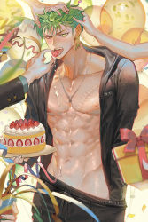 Rule 34 | 1boy, abs, balloon, bare pectorals, birthday cake, black shirt, box, cake, clothes pull, confetti, cream, cream on body, earrings, feeding, food, fruit, gift, gift box, green eyes, green hair, happy birthday, headpat, holding, holding cake, holding food, jewelry, looking at viewer, multiple hands, navel, necklace, nipples, one piece, open clothes, open mouth, open shirt, pants, pants pull, pectorals, roronoa zoro, runa (nori31291404), scar, scar on chest, shirt, short hair, sideburns, strawberry, streamers, toned, toned male, tongue, tongue out