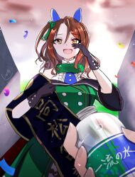 Rule 34 | 1girl, 1other, absurdres, animal ears, black gloves, bottle, bow, brown eyes, brown hair, buttons, confetti, double-breasted, dress, ear bow, ear covers, gloves, green bow, green dress, highres, holding, holding bottle, horse ears, horse girl, king halo (umamusume), long hair, melon atatame, off-shoulder dress, off shoulder, pov, pov hands, signature, solo focus, trainer (umamusume), umamusume